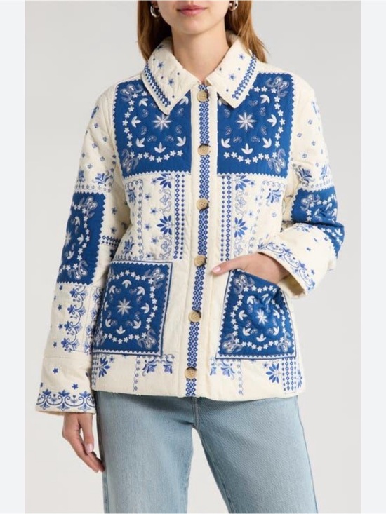 Sezane Jackets & Blazers - Sezane Smith In Blue Ecru Bandana Embroidered Quilted Floral Jacket Size 40